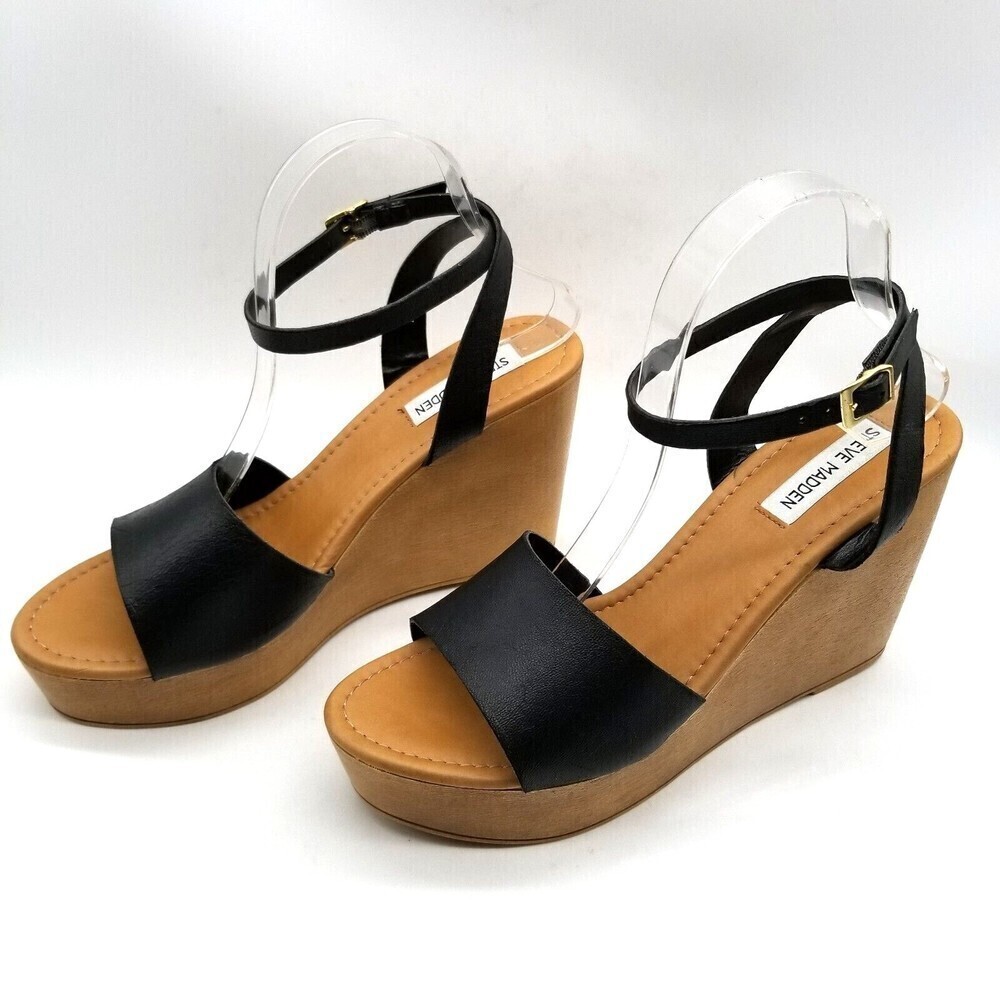 Steve Madden Black and Tan Wedge Sandals